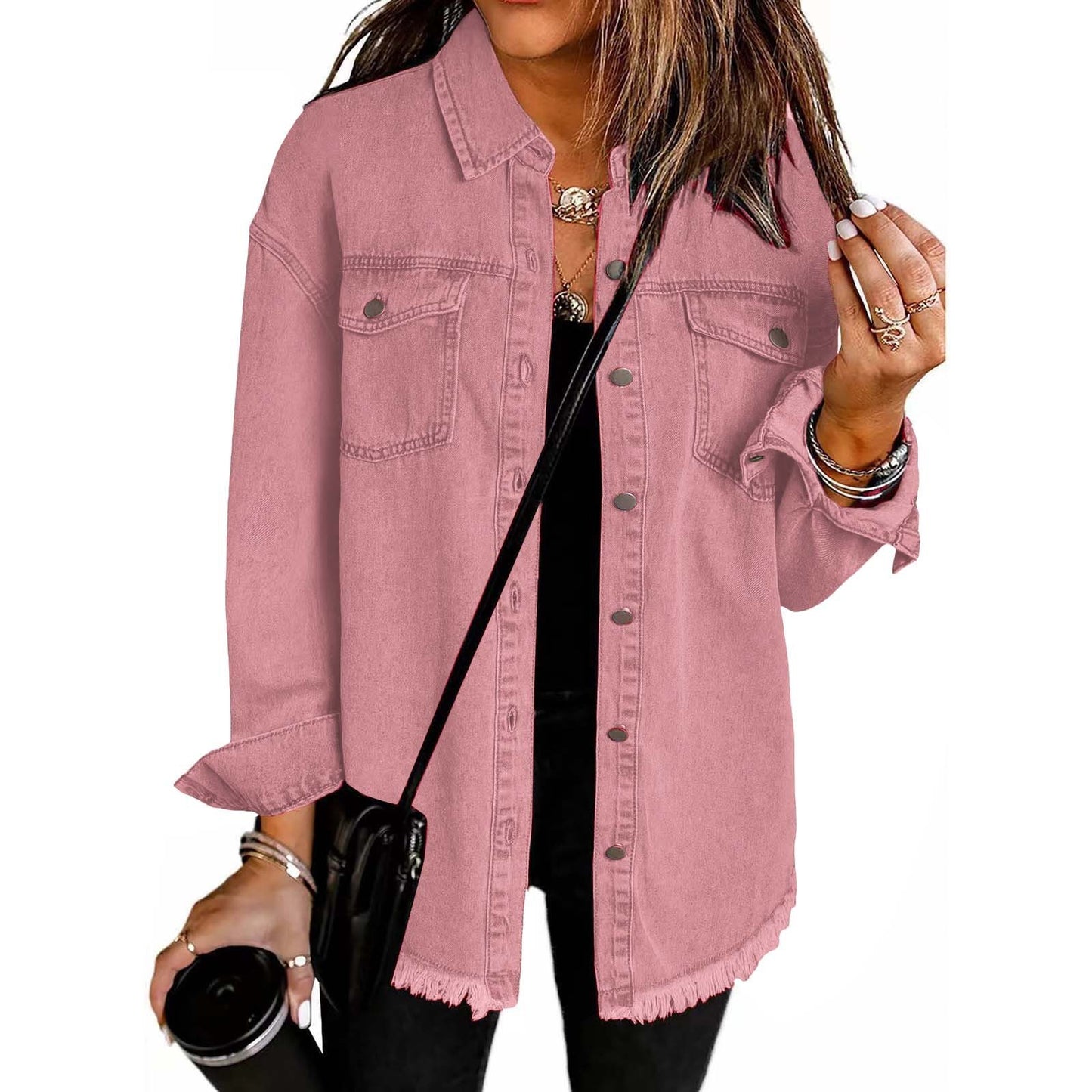 Amerikaanse Klassiek Oversized Spijkerjacket in Effen Kleur met Knoopsluiting voor Dames & Plus-size
