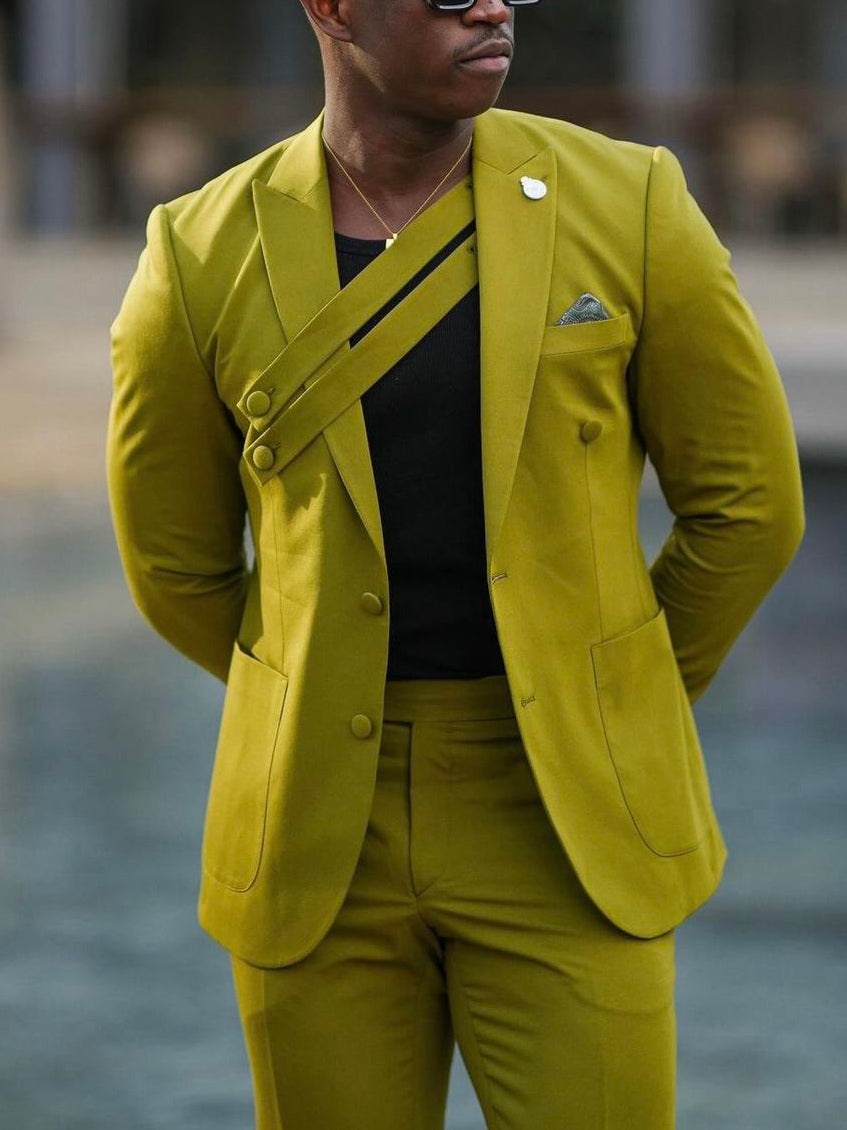 Elegante Dagelijkse Limoengroene Asymmetrische Banddetails en Getailleerde Pasvorm 2-delige Pak* Blazer & Pantalon met Dubbelrij Knoopsluiting * voor Heren