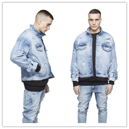 Trendy Casual Oversized Distressed Riped Spijkerjacket met Knoopsluiting en Zakken voor Heren
