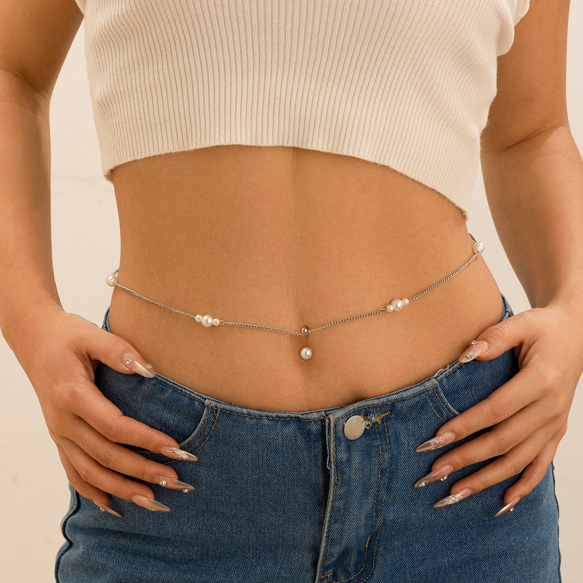 Modieuze Elegante Metalen Zirkoon Tailleketting met Navelpiercing en Imitatie Parel Kwastje voor Dames