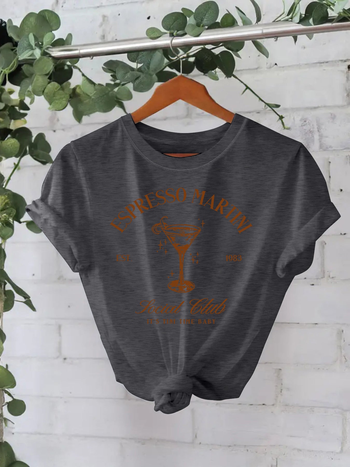 Stijlvolle Streetwear Effen Kleur Casual ESPRESSO MARTNI T-shirt met Ronde Hals en Korte Mouwen voor Dames/Meiden & Plus-Size