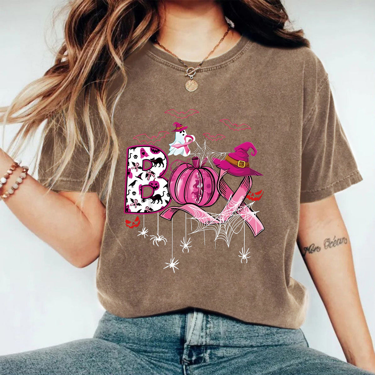 Stijlvolle Effen Kleur Casual Vintage Ronde Hals T-shirt met Cartoonprint en Korte Mouwen voor Dames & Plus-Size