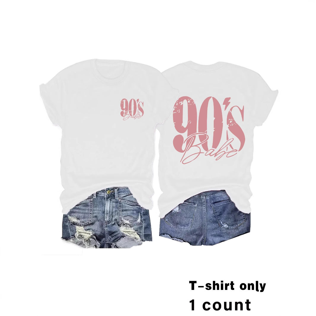 Eenvoudige Stijlvolle Effen Kleur Casual Ronde Hals T-shirt met Bedrukte Jaren 90 Print en Korte Mouwen voor Dames/Meiden & Plus-Size