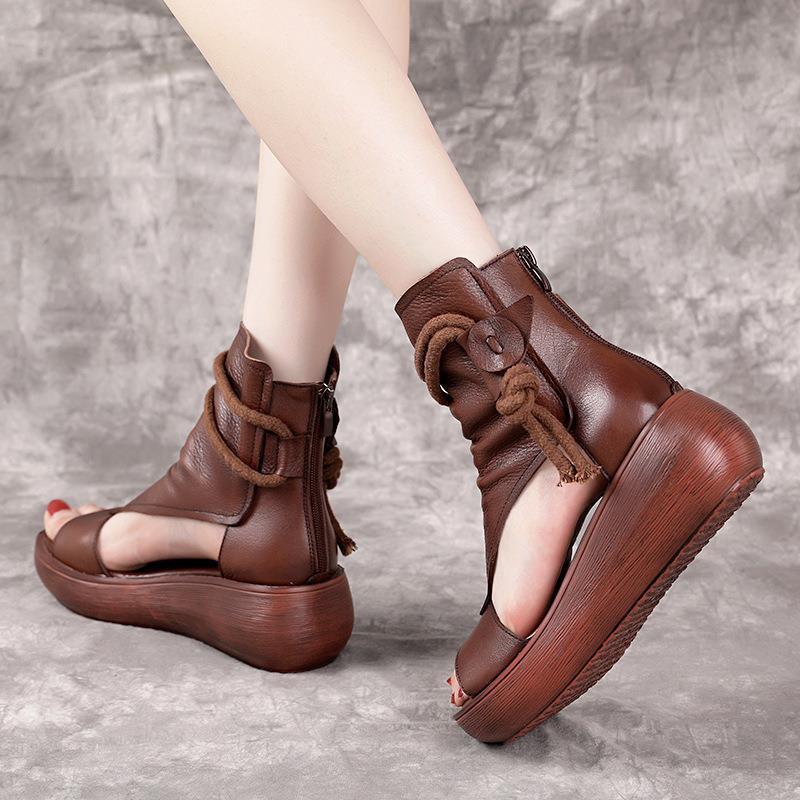 Klassieke Romeinse Stijl Comfortabele Effen Kleur Casual Vintage Uitgesneden Wedges Sandalen van PU-Leer met Middelhoge Hakken en Vetersluiting rond de Enkel voor Dames & Meiden