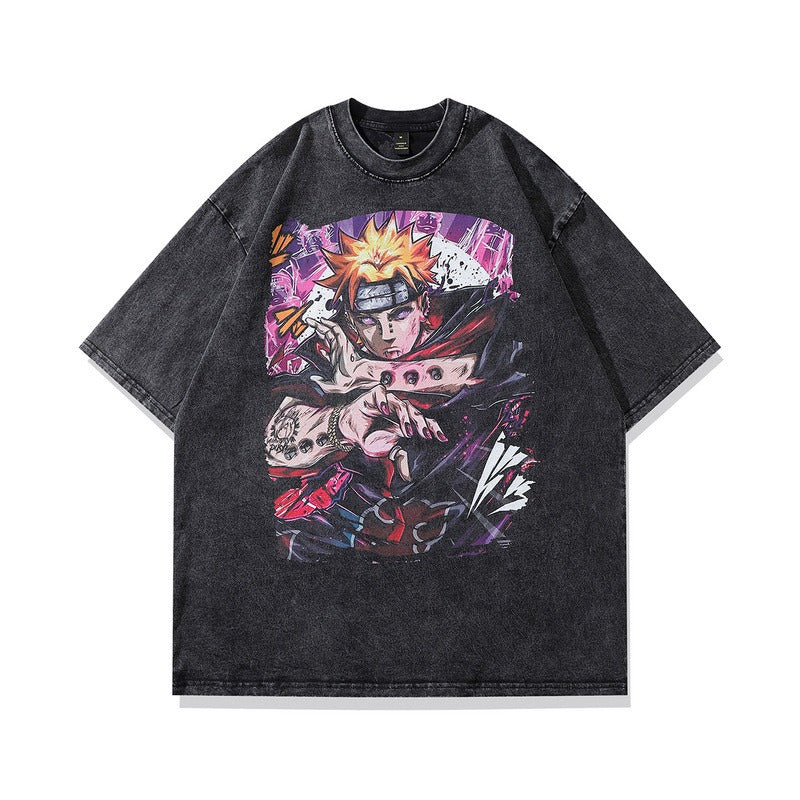 Trendy Effen Kleur Casual Vintage Ronde Hals Cartoonprint T-shirt met Korte Mouwen voor Unisex