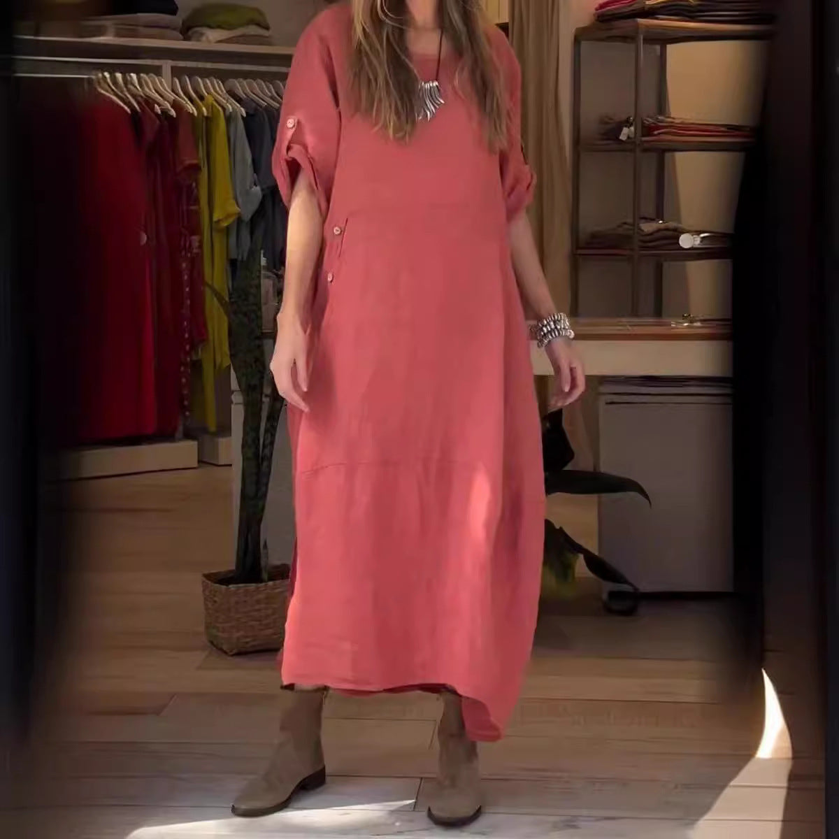 Casual Oversized Katoenen Linnen Korte Mouw Maxi-jurk in Effen met Knoopsluiting en Ronde Hals voor Dames & Plus-size
