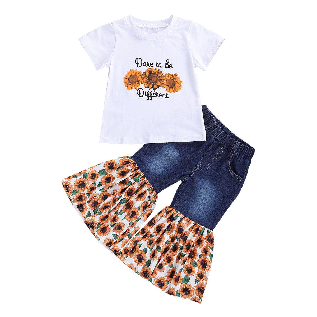 Kinderoutfit 2-delig Zonneprint T-shirt met Korte Mouwen & Denim Fakkel met Zonnebloemprint voor Peuters/ Kinderen