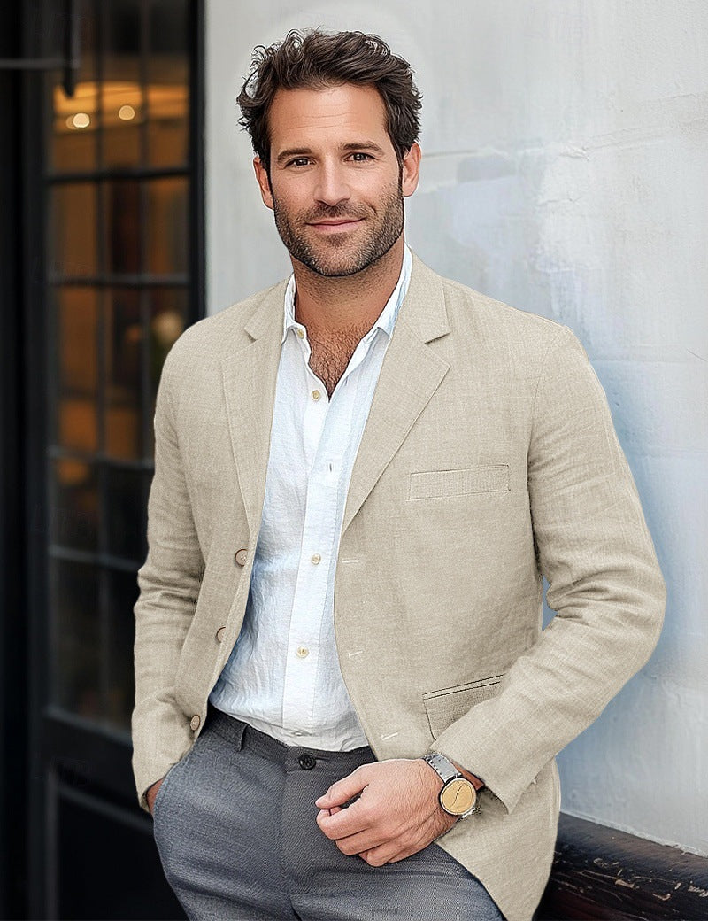 Retro Casual Effen Kleur Katoenen en Linnen Blazer met Knoopsluiting voor Heren & Jongens