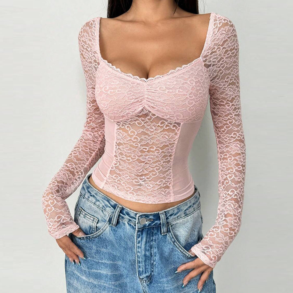 Amerikaanse Elegante Sexy Korte Kante Cropped Top met Diepe V-hals en Lange Mouwen voor Dames