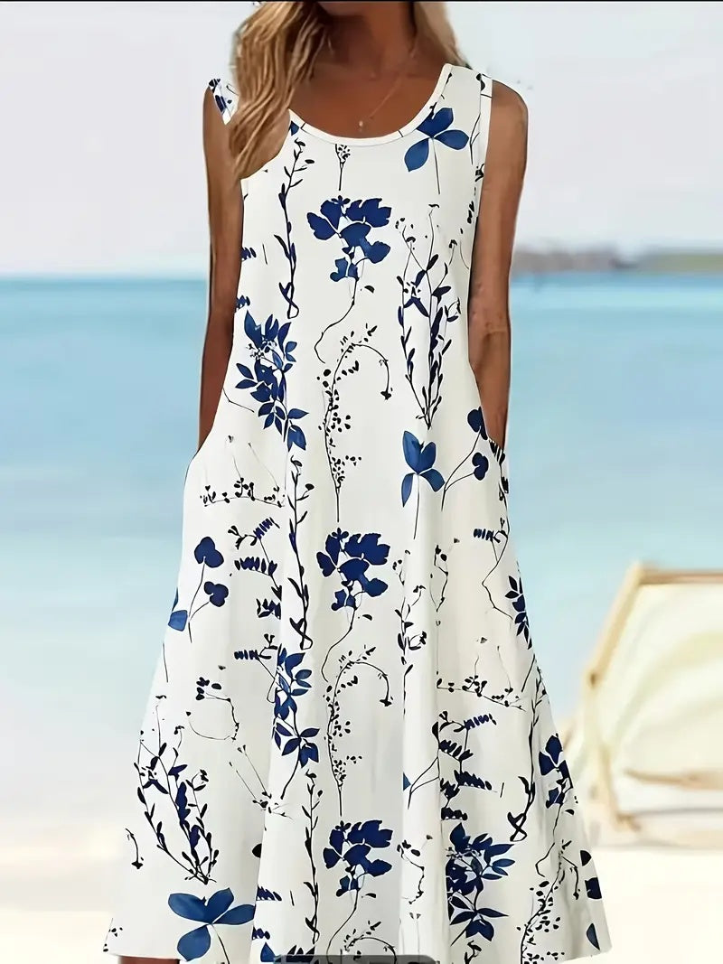 Casual Elegante Mouwloze Bloemenprint A-lijn Maxi-jurk met Ronde Hals voor Dames & Plus-size