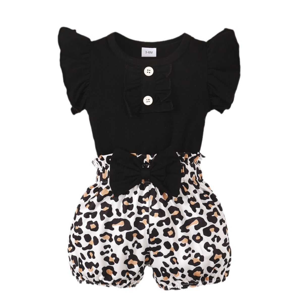 Schattige 2-delige Outfit Kinderromper met Korte Mouwen en Strik & Luipaardprint Korte Broek voor Meisjes