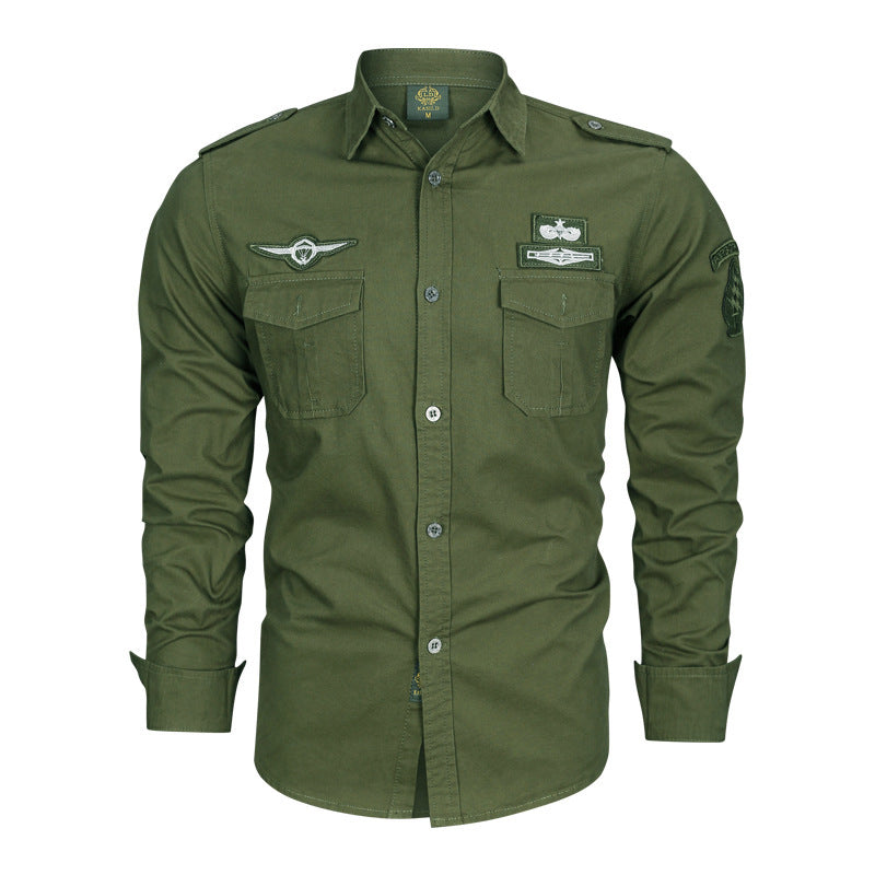 Amerikaanse Stijlvolle Katoenen Cargo-Overhemd met Patchwork en Lange Mouwen voor Heren