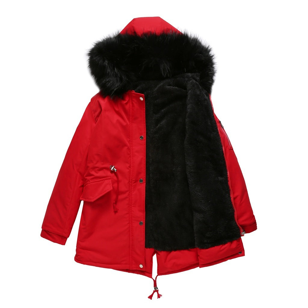 Casual Parka Katoenen Gewatteerde Middellange Winterjas met Bontkraag Capuchon en Ritssluiting voor Dames & Plus-size