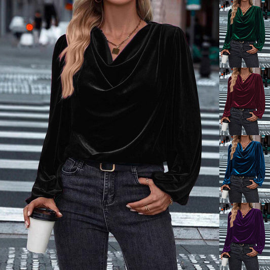 Elegante Effen Fluwelen Top met Lantaarn Mouwen en Watervalhals voor Dames & Plus-size