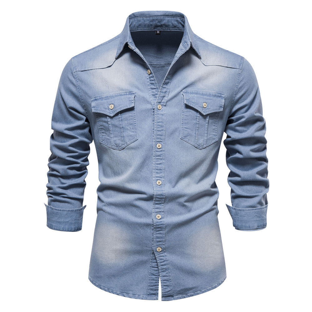 Stijlvolle Designer Casual Slim-Fit Spijker-Overhemd in Effen Kleur met Lange Mouwen en Zakken voor Heren