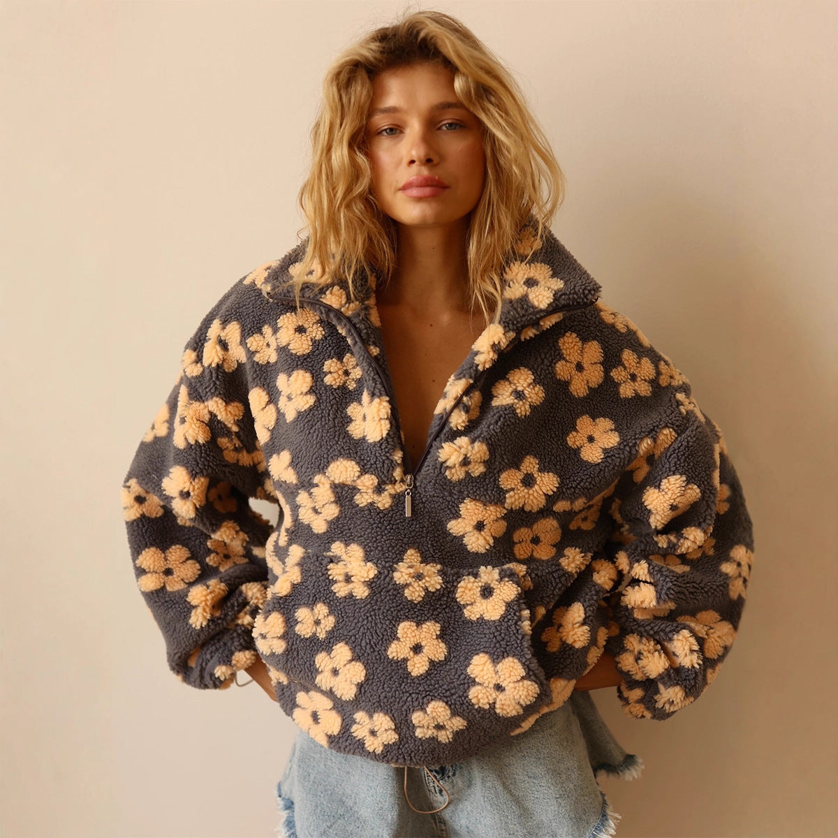 Uniek Ontwerp Trendy Winterse Casual Oversized Fleece Trui met Bloemenpatroon en Ritssluiting Revers voor Dames & Plus-size