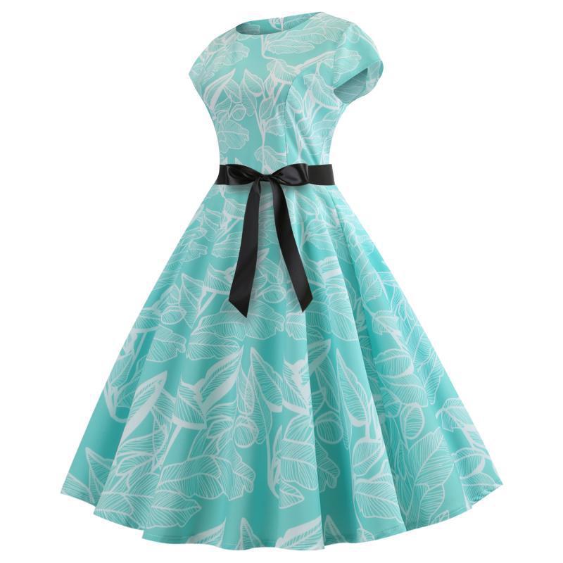 Hepburn Style Temperamentvolle Forens Bedrukte Vintage Jurk met Korte Mouwen en Strik voor Dames & Plus-size
