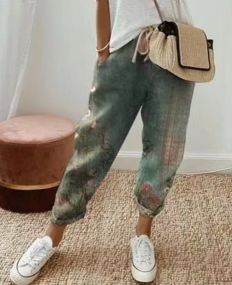 Modieuze Eenvoudige Katoenen Linnen Effen Kleur Broek met Trekkoord en Zakken voor Dames/Plus-size & Meiden