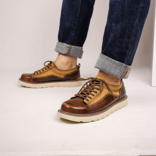 Europese Vintage Casual Outdoor Tweekleurig Sneakers van Echt Leer met Ronde Neus & Vetersluiting voor Heren