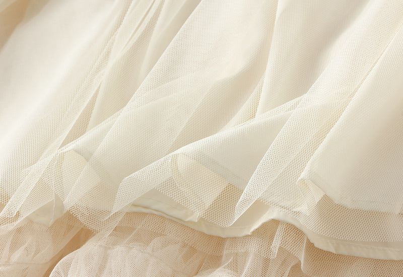 Elastische taille feeën mesh rok, gezwollen onregelmatig geplooide gelaagde jurk