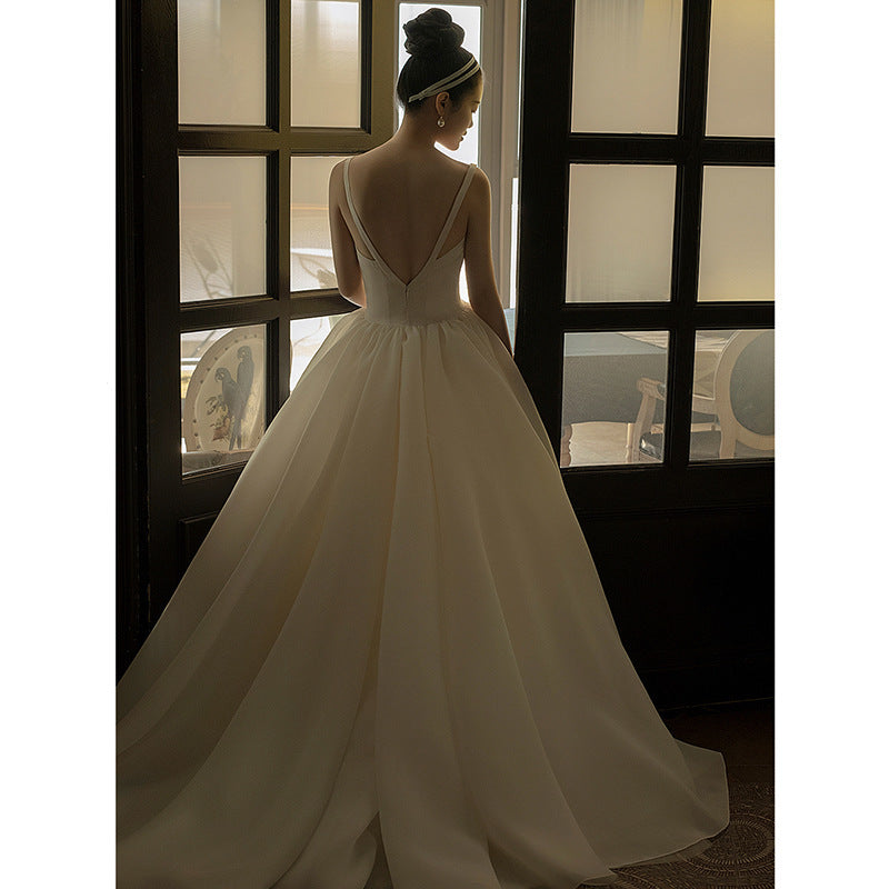 Dames Franse Hepburn-stijl lichte bandjes eenvoudige satijnen vintage jurk