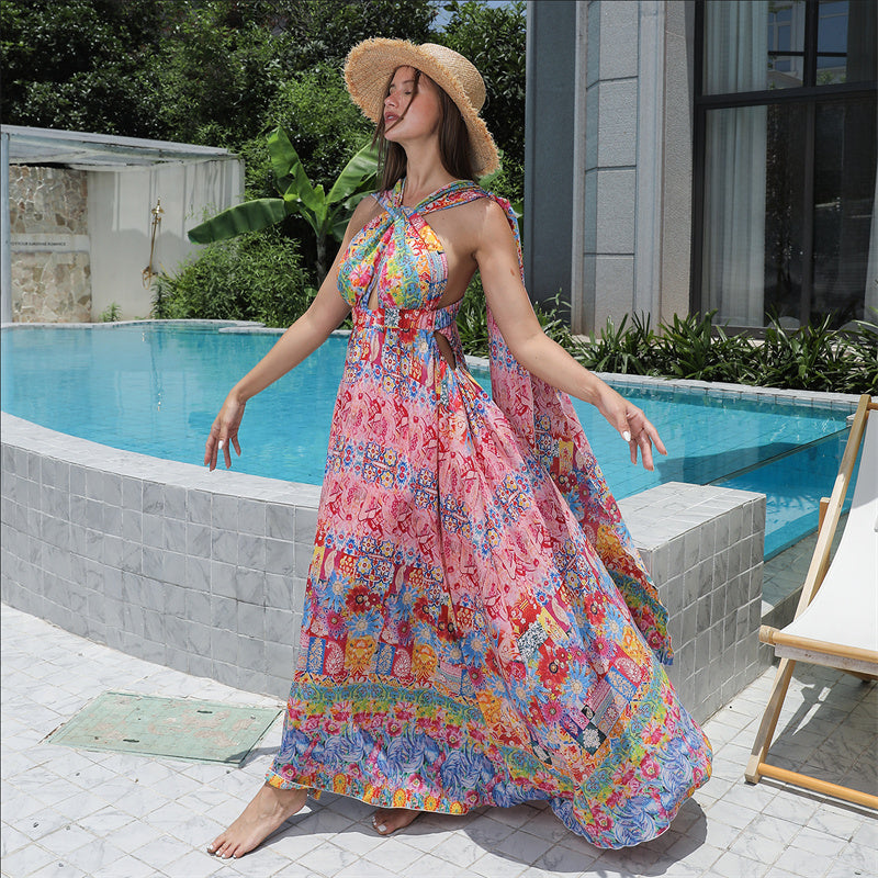 Elegante Mouwloze Bloemenprint Boho Maxi-jurk met Kruisbandjes voor Dames & Plus-size
