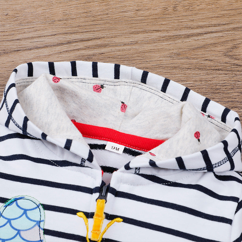 Tweedelige Set Casual Gestreepte Sweatvest met Capuchon en Geborduurde Cartoon en joggingbroek voor Baby's/ Peuters