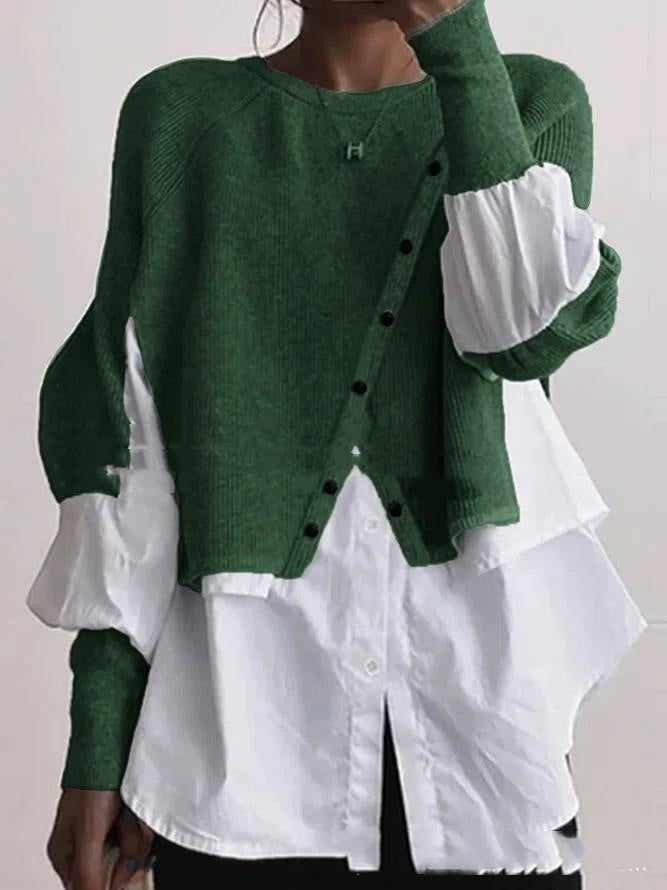 Trendy Ontwerp Ronde Hals Gebreide Trui Witte Shirt met Knoopsluiting en Lange Mouwen voor Dames & Plus-size