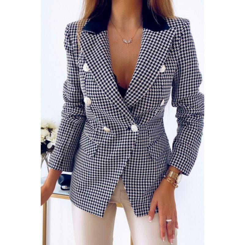 Temperament Pied-de-poule Blazer met Knoopsluiting en Zakken voor Dames & Plus-size