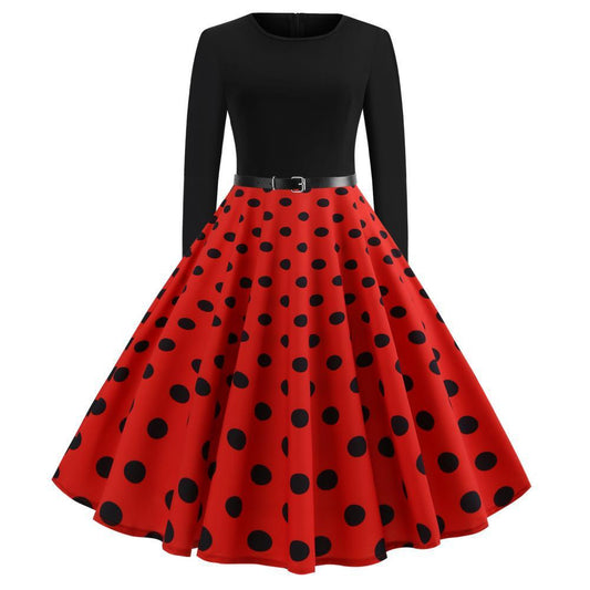 Retro Hepburn-stijl bedrukte patchwork swingjurk met lange mouwen