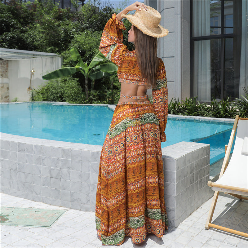 Elegante Vintage Bloemenprint Boho Maxi-jurk met V-hals en Lange Pofmouwen voor Dames & Plus-size