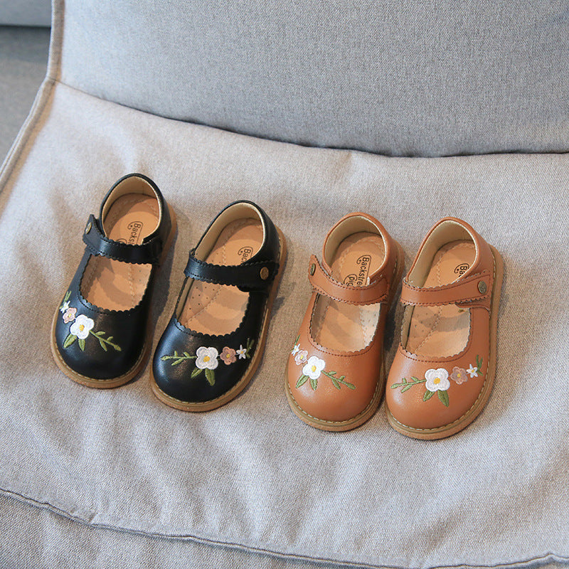 Klassieke Elegante Prinsessen Schoenen van Echt Leer met Geborduurde Bloemen en Klittenband voor Meisjes