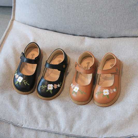 Klassieke Elegante Prinsessen Schoenen van Echt Leer met Geborduurde Bloemen en Klittenband voor Meisjes