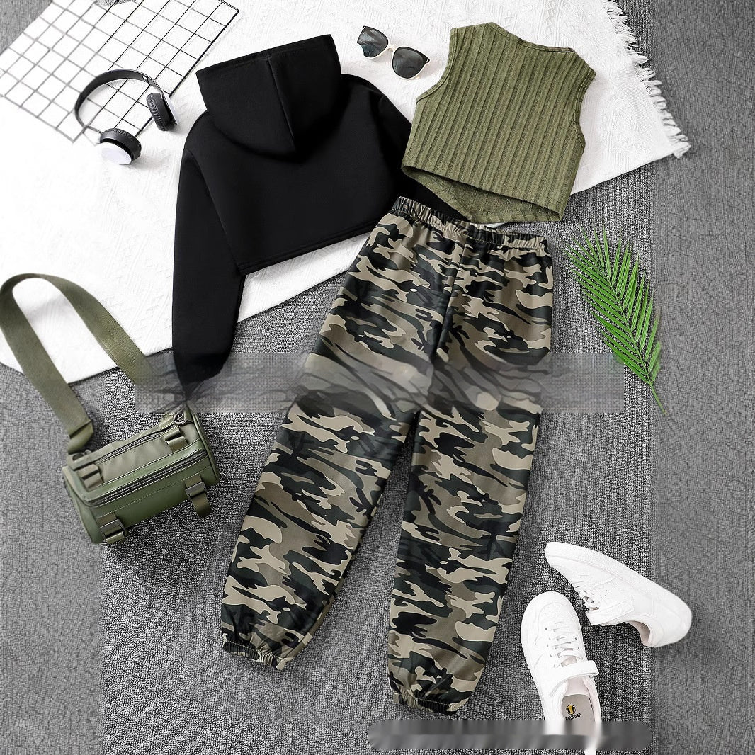 Britse Stijl Meisjes 3-delige Camouflage Outfit met Cropped Hoodie en Top & Joggingbroek voor Kinderen/ Tieners