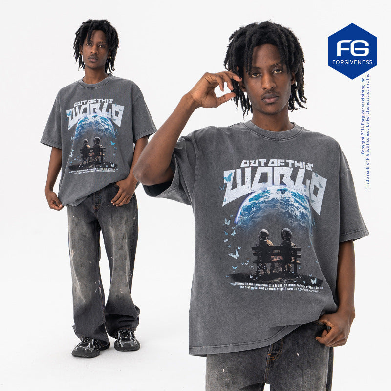 Stijlvolle Streetwear Effen Kleur Oversized Casual Vintage Washed Ronde Hals T-shirt met Cosmic Journey en Korte Mouwen voor Heren