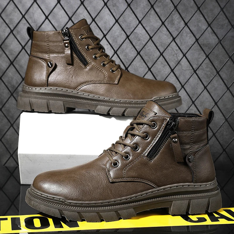Casual Retro Waterdichte Chelsea Boots van PU-Leer met Ronde Neus en Vetersluiting voor Heren