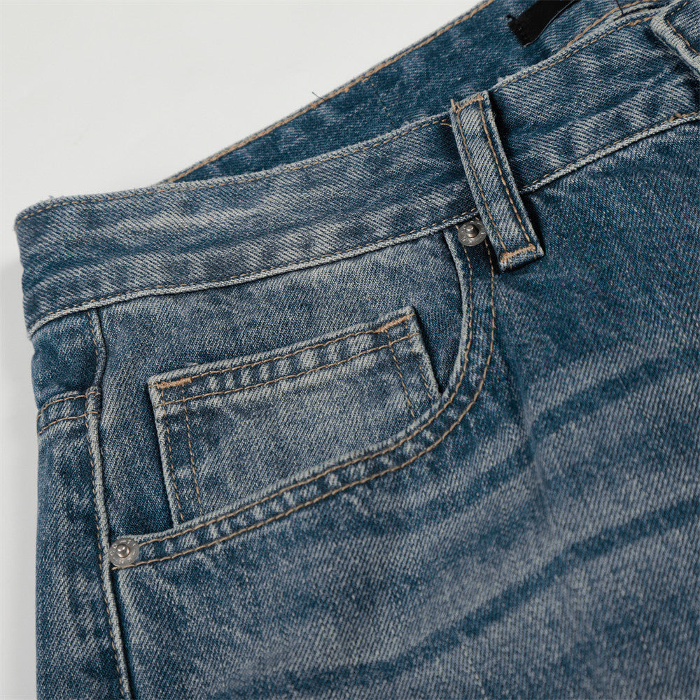 Stijlvolle Klassieke Color-Block Washed Gepolijste Casual Vintage Demin Jeans met Rechte Pijpen en Zakken voor Unisex