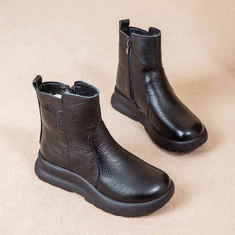 Trendy Casual Effen Kleur Comfortabele Enkellaarzen van Echt Leer met Ronde Neus en Platte Zool voor Dames