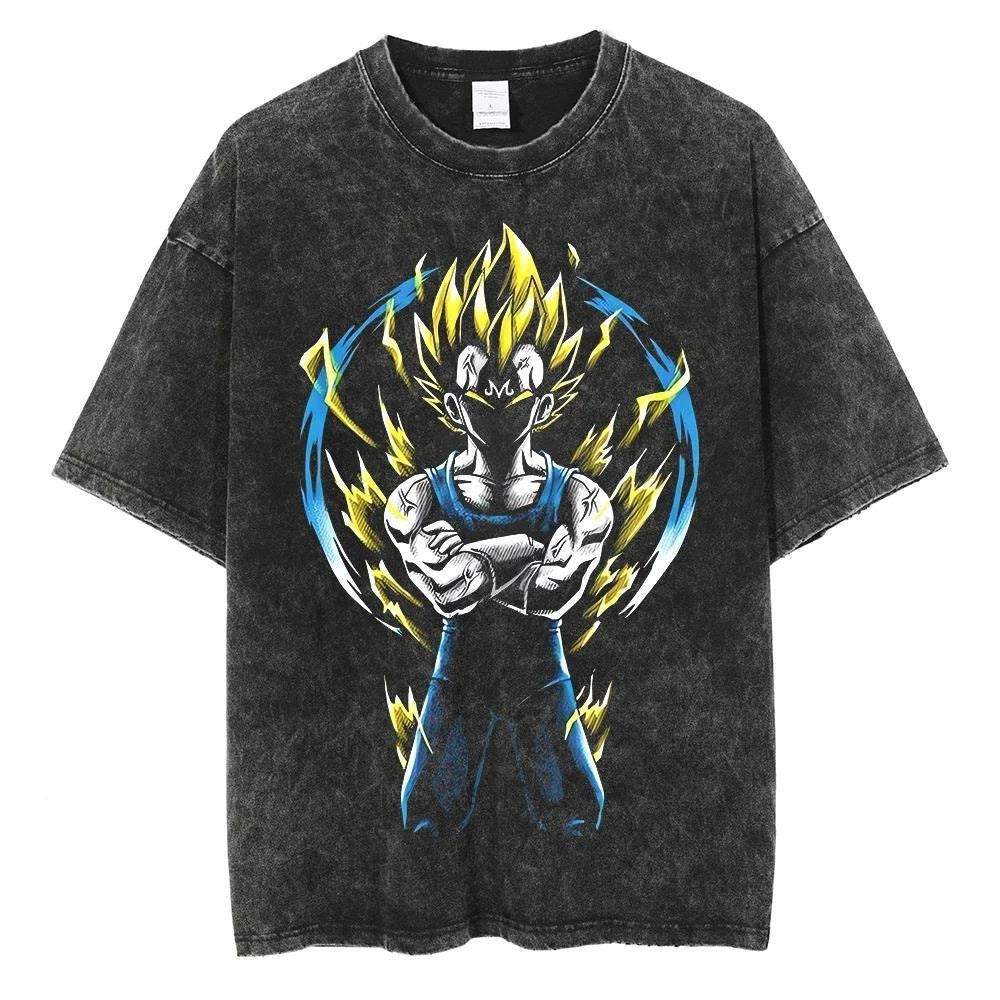 Hiphopstijl Klassieke Effen Kleur Oversized Casual Vintage Washed Cartoonprint T-shirt met Ronde Hals en Korte Mouwen voor Heren, Zwart Vintage