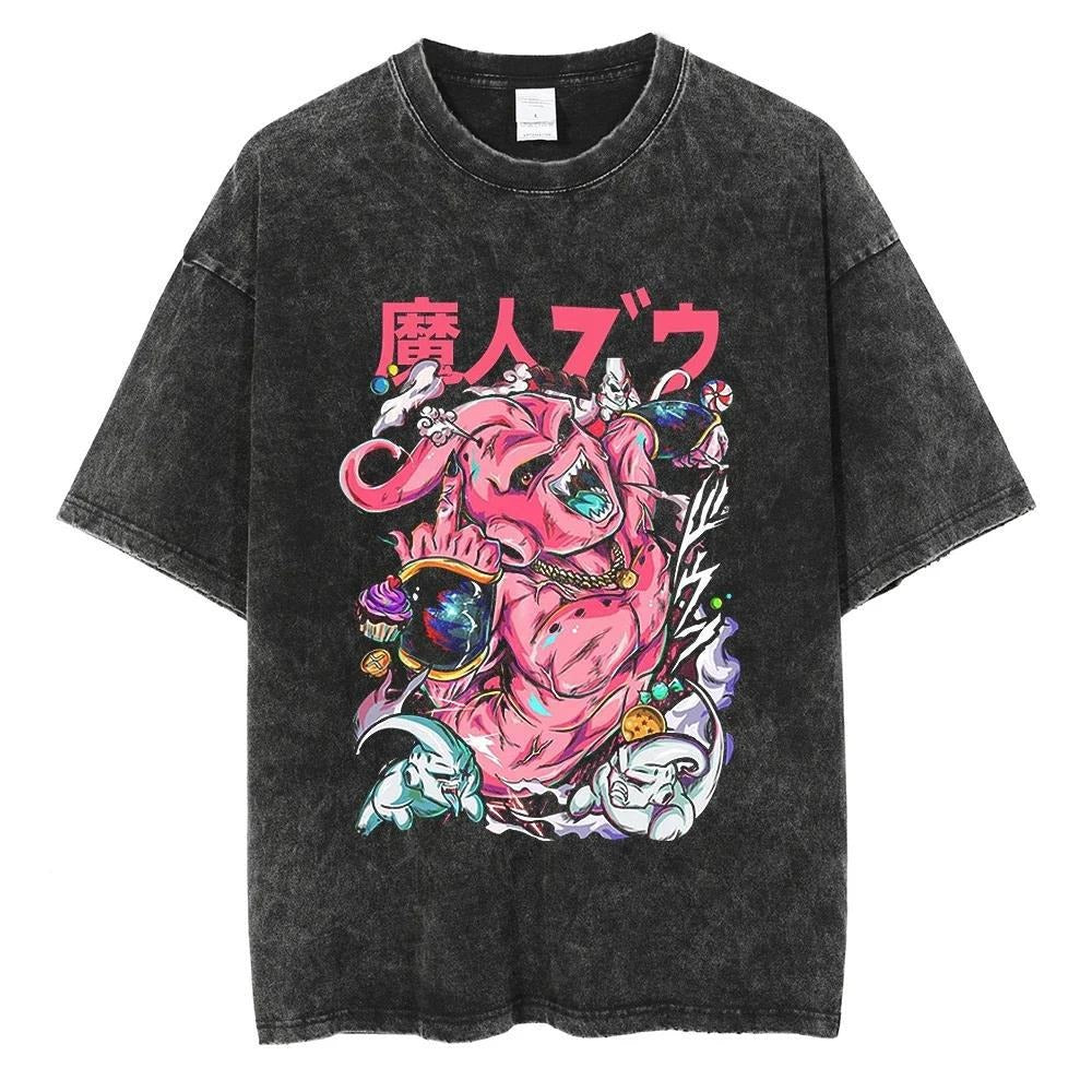 Hiphopstijl Klassieke Effen Kleur Oversized Casual Vintage Washed Cartoonprint T-shirt met Ronde Hals en Korte Mouwen voor Heren, Zwart Vintage