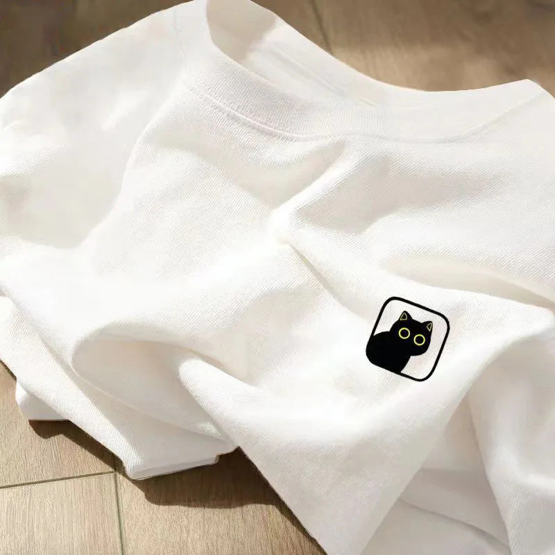 PURE NDY Street Hiphopstijl Eenvoudige Effen Kleur Oversized Casual Ronde Hals T-shirt met Black Cat-print en Korte Mouwen voor Heren & Jongens