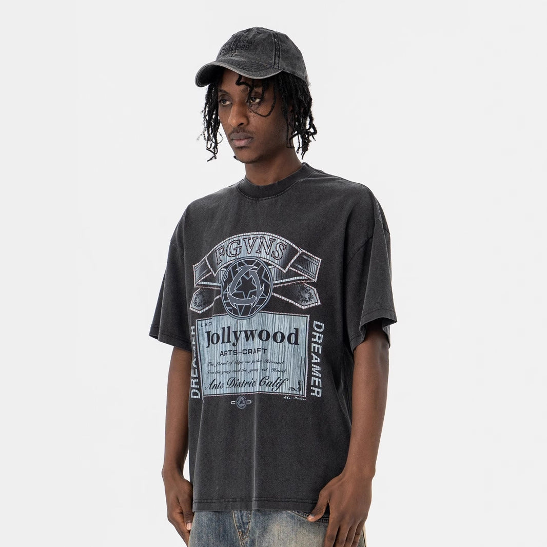 Modieuze Klassieke Effen Kleur Oversized Casual Vintage Ronde Hals T-shirt met Bedrukte Geometrische Print en Korte Mouwen voor Heren