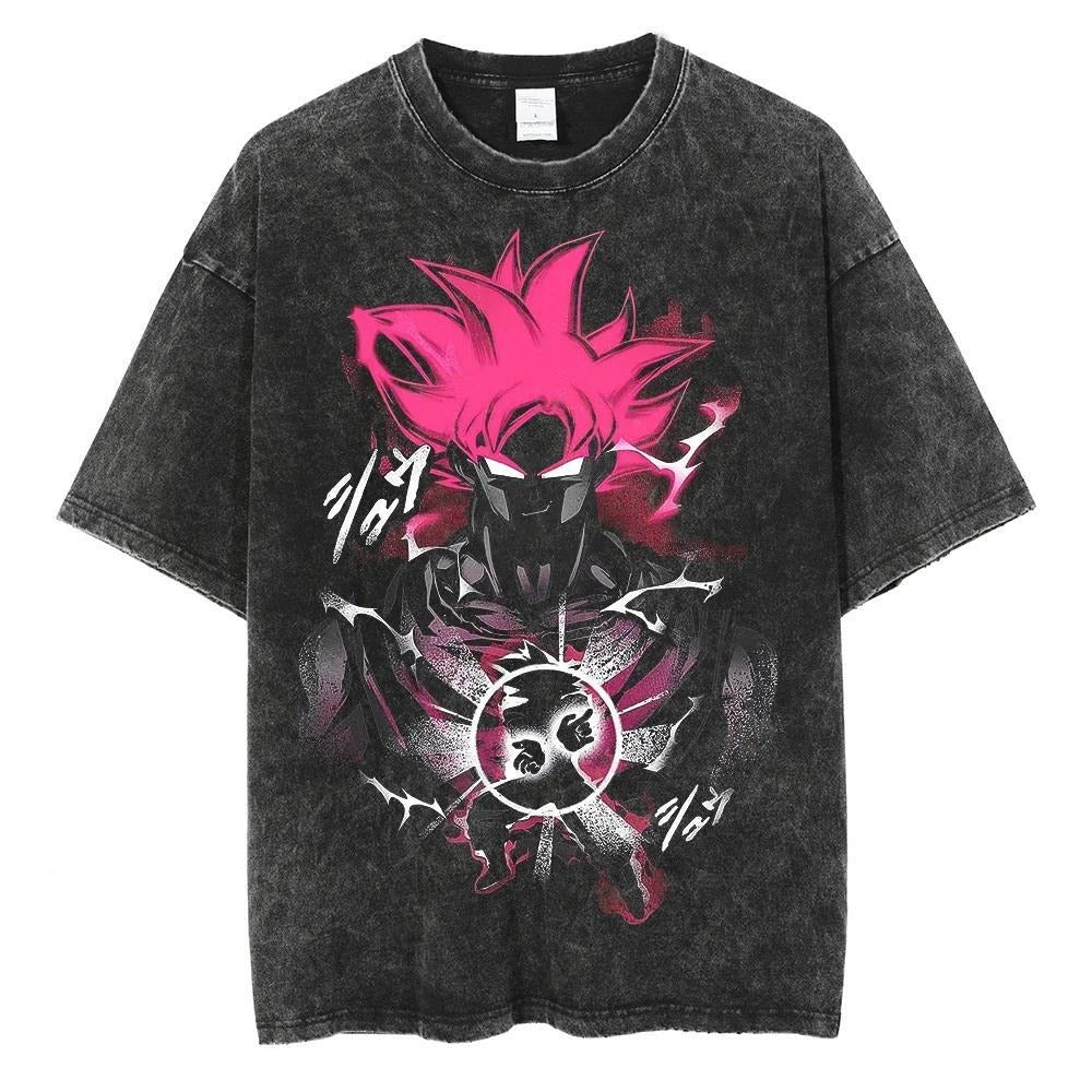 Hiphopstijl Klassieke Effen Kleur Oversized Casual Vintage Washed Cartoonprint T-shirt met Ronde Hals en Korte Mouwen voor Heren, Zwart Vintage