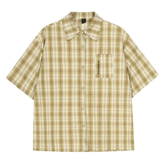 Trendy Modieuze Effen Kleur Oversized Casual Vintage Geruitepatroon Overhemd met Korte Mouwen en Knoopsluiting voor Heren