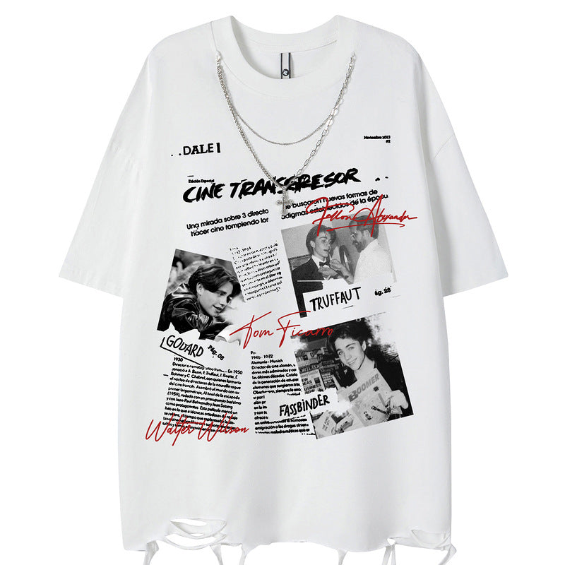 Eenvoudige Casual Effen Kleur Oversized Vintage Fotoprint T-shirt met Ronde Hals en Korte Mouwen voor Heren