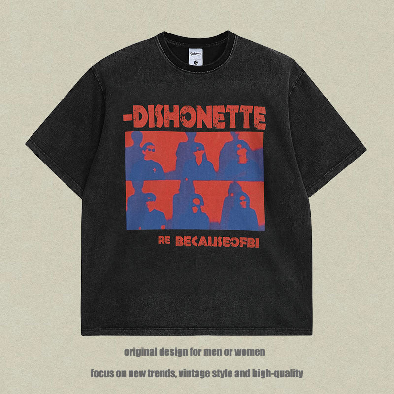 Retrostijl Klassieke Effen Kleur Washed Vintage Cartoonprint T-shirt met Ronde Hals en Korte Mouwen voor Unisex