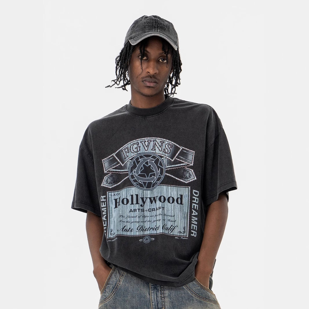 Modieuze Klassieke Effen Kleur Oversized Casual Vintage Ronde Hals T-shirt met Bedrukte Geometrische Print en Korte Mouwen voor Heren