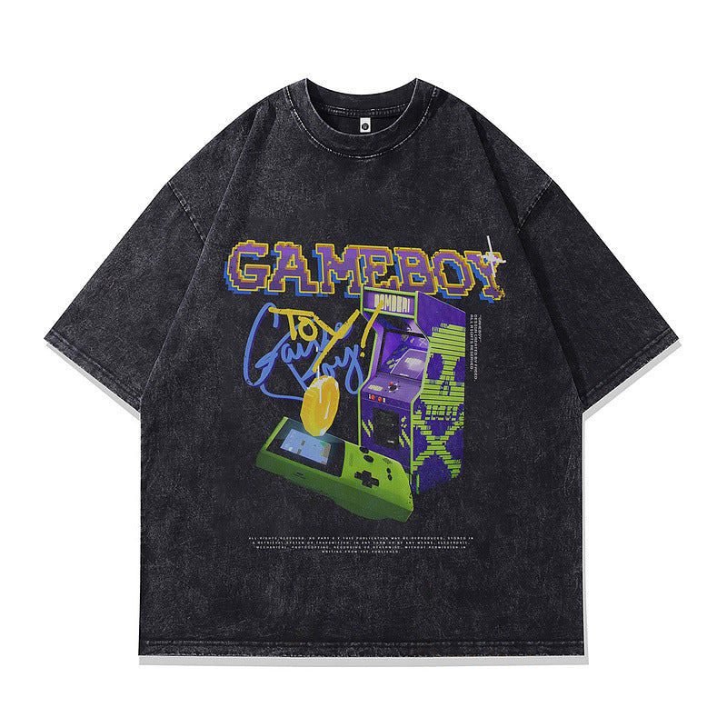 Stijlvolle Klassieke Effen Kleur Casual Vintage Ronde Hals T-shirt met Cartoonprint en Korte Mouwen voor Heren gewassen