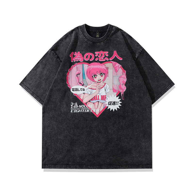 Retro Streetwear Effen Kleur Washed Casual Vintage Cartoonprint T-shirt met Ronde Hals en Korte Mouwen voor Heren