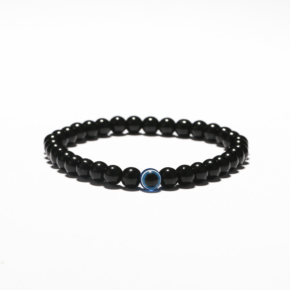 Trendy Effen Kleur Klassieke Turkse Boze-Oog (Nazar) Armband met Zwarte Natuurstenen (Obsidiaan) voor Heren